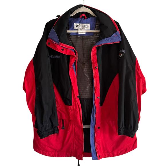 Columbia Omni-Tech Hooded Jacket Red Black Nylon Shell Women’s Large Hiking - Picture 1 of 16
